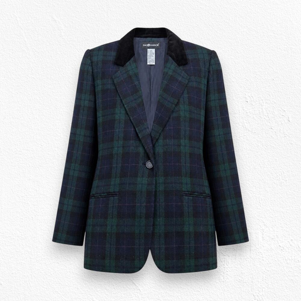Vintage Black Watch Tartan Wool Blend Blazer Green Navy Plaid Jacket Size 14